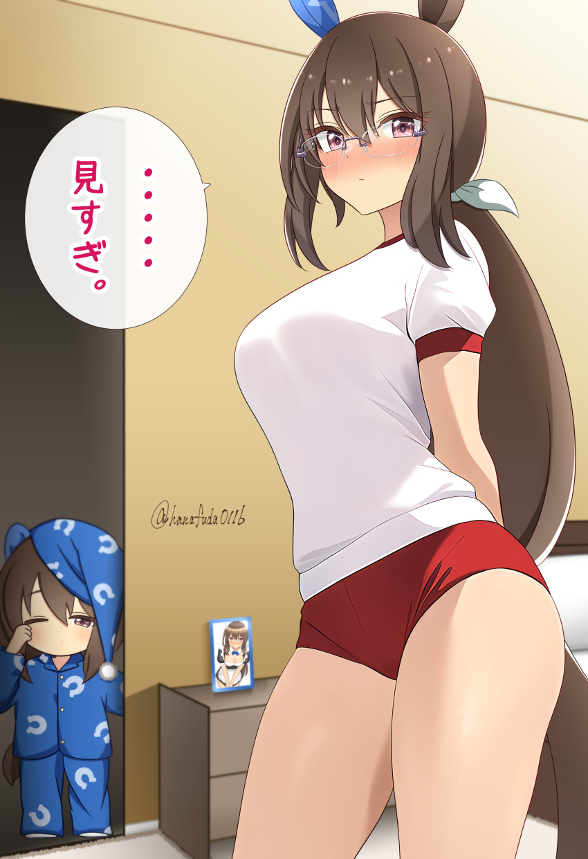 2girls absurdres admire_vega_(umamusume) aged_up alternate_costume animal_ears bed blush breasts brown_hair buruma commentary_request embarrassed gym_uniform hair_between_eyes hair_ornament hanafuda_(hanafuda0116) highres horse_ears horse_girl looking_at_viewer medium_breasts mother_and_daughter multiple_girls nose_blush pajamas ponytail purple_eyes translated umamusume