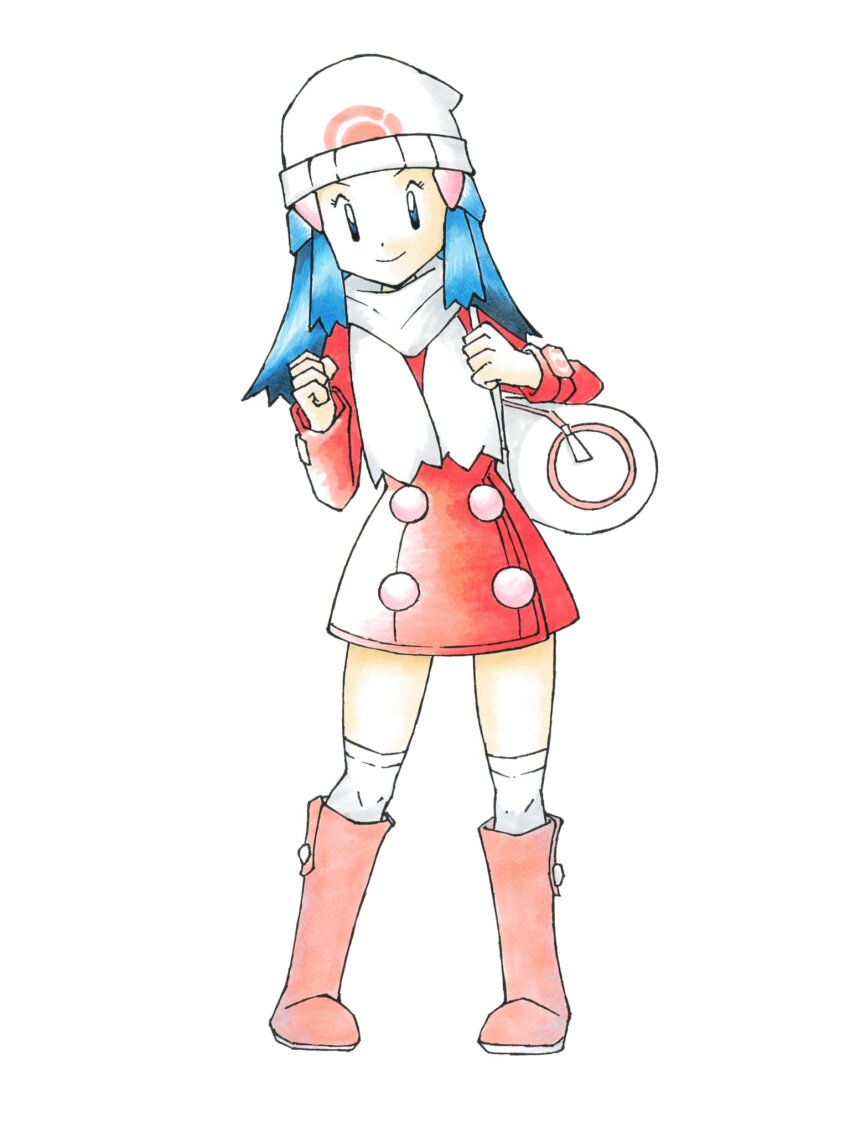 1girl bag beanie blue_eyes blue_hair boots clenched_hand coat coat_dress creatures_(company) dark_blue_hair dawn_(pokemon) dora_mentaiko dress duffel_bag full_body game_freak hair_ornament hairclip hands_up hat highres kneehighs long_hair long_sleeves looking_at_viewer nintendo no_pants parody pink_footwear pokemon pokemon_dppt pokemon_gsc_(style) pokemon_platinum pokemon_rgby_(style) red_coat red_dress scarf short_dress smile socks solo standing style_parody sugimori_ken_(style) white_background white_bag white_scarf white_socks winter_clothes