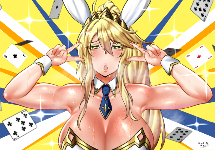 1girl ahoge animal_ears armpits artoria_pendragon_(fate) artoria_pendragon_(swimsuit_ruler)_(fate) bare_shoulders blonde_hair blue_background blue_necktie blush breasts card cleavage cloire_clover detached_collar double_v emotional_engine_-_full_drive fake_animal_ears fate/grand_order fate_(series) green_eyes hair_between_eyes hands_up heart heart-shaped_pupils highres large_breasts leotard long_hair looking_at_viewer necktie open_mouth parody playboy_bunny playing_card ponytail rabbit_ears rabbit_girl sidelocks solo sparkle striped_background sweat symbol-shaped_pupils tiara two-tone_background v white_leotard wrist_cuffs yellow_background