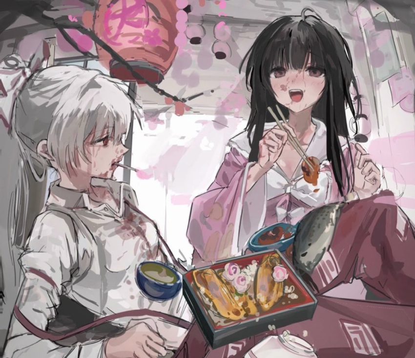 2girls black_hair blood blood_on_clothes blood_on_face bow branch breasts brown_eyes chopsticks cigarette collared_shirt eating fish food food_request frilled_shirt_collar frills fujiwara_no_mokou grey_hair hands_up high_ponytail holding holding_chopsticks houraisan_kaguya juliet_sleeves kamaboko lantern long_hair long_sleeves looking_ahead multiple_girls narutomaki ofuda ofuda_on_clothes open_mouth pants paper_lantern pink_shirt profile puffy_sleeves red_eyes red_pants sesmkun shirt small_breasts smile smoking suspenders suspenders_slip talking touhou very_long_hair white_bow white_shirt wide_sleeves