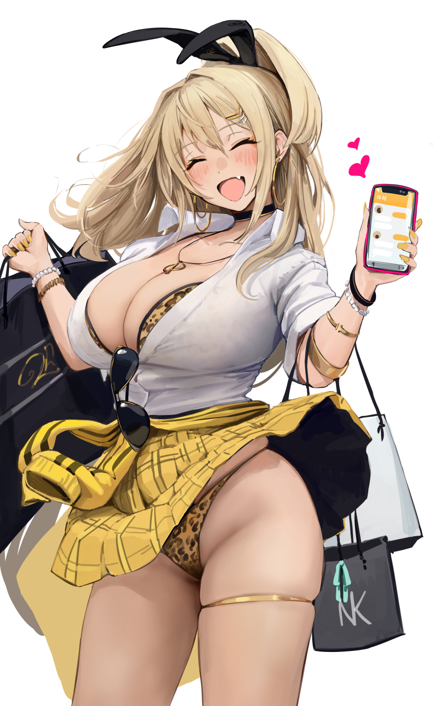 1girl absurdres amesuku_gyaru animal_ears animal_print bag bead_bracelet beads black_bag black_choker blonde_hair blush bracelet breasts cellphone chela77 choker cleavage closed_eyes contrapposto earrings fake_animal_ears goddess_of_victory:_nikke gyaru hair_ornament heart highres holding holding_bag holding_phone jewelry kogal large_breasts leopard_print long_hair naver_(website) open_mouth panties phone rabbit_ears rupee_(nikke) shirt simple_background skindentation skirt smartphone smile solo sunglasses thigh_strap thighs underwear white_background white_shirt yellow_skirt