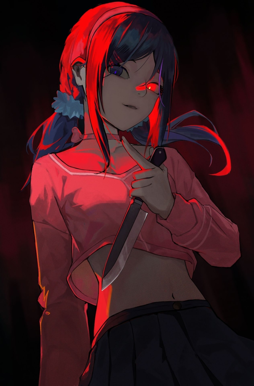 1girl blue_hair blue_skirt breasts collar collarbone haimaotuanzi hair_ornament hair_scrunchie hairpin heterochromia highres kitchen looking_at_viewer miside mita_(miside) multiple_hairpins navel red_light red_shirt scrunchie shirt skirt small_breasts smile solo