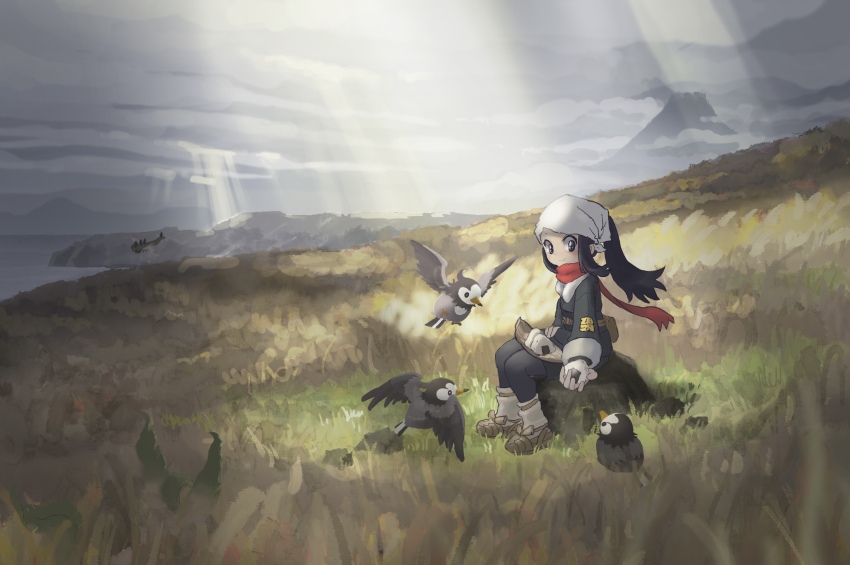 1girl 2511shoko absurdres akari_(pokemon) bird creatures_(company) feeding food game_freak gen_4_pokemon highres hill long_sleeves meadow nintendo ocean on_rock onigiri pokemon pokemon_legends:_arceus red_scarf rock scarf sitting starly