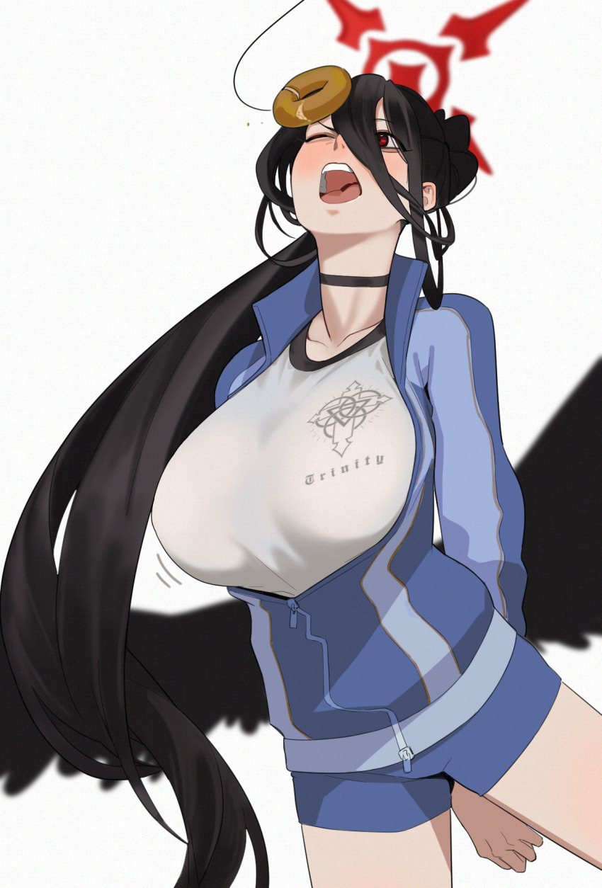 1girl arms_behind_back black_hair blue_archive blue_shorts blush breasts choker doughnut food gym_shorts gym_uniform hair_between_eyes halo hasumi_(blue_archive) hasumi_(track)_(blue_archive) highres hong_doo huge_breasts jacket knees_together_feet_apart long_hair looking_at_viewer mole mole_under_eye official_alternate_costume one_eye_closed open_mouth outdoors partially_unzipped ponytail red_eyes shirt short_shorts shorts solo track_jacket very_long_hair white_shirt