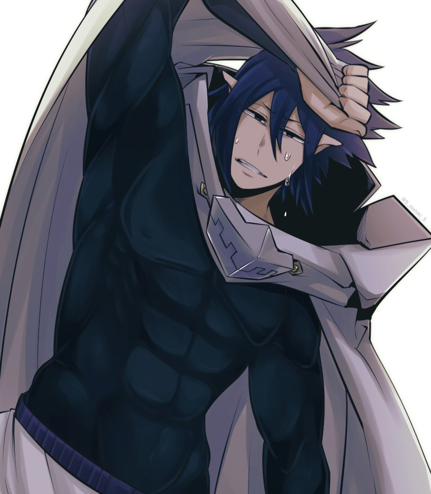 1boy abs amajiki_tamaki annoyed black_eyes blue_hair boku_no_hero_academia cape highres looking_at_viewer male_focus muscular muscular_arms muscular_male pants pectorals pointy_ears short_hair sweat