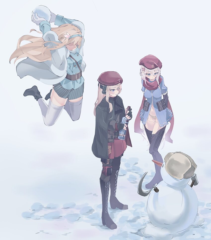 3girls 9a-91_(girls&#039;_frontline) ak74m_(girls&#039;_frontline) alcohol beret black_panties blue_hairband blue_jacket bottle egypt_snowball_dunk_(meme) finland front_slit girls&#039;_frontline hairband hammer_and_sickle hat highres historical_connection holding holding_bottle incoming_attack jacket meme multiple_girls oadooo72196 panties photo-referenced red_hat red_skirt see-through_clothes showgirl_skirt skirt snowball snowman striped_clothes striped_skirt suomi_(girls&#039;_frontline) suomi_(girls&#039;_frontline_2) thighhighs underwear vertical-striped_clothes vertical-striped_skirt vodka white_thighhighs