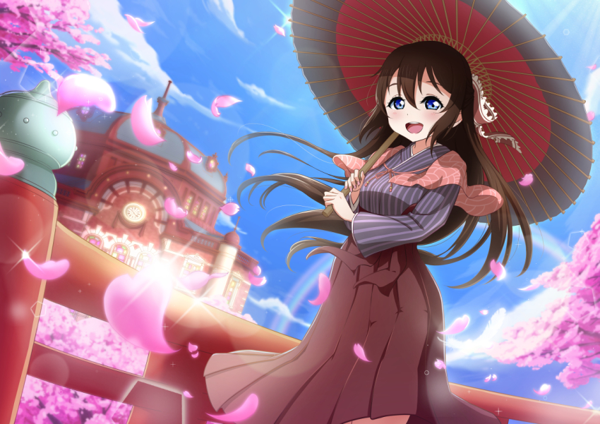 1girl aqua_eyes artist_name artist_request blue_eyes blue_kimono blue_sky blush bow breasts brown_bow brown_hair brown_hakama capelet cloud day falling_petals female_focus floating_hair frilled_bow frills hair_between_eyes hair_bow hakama hakama_skirt half_updo holding holding_umbrella japanese_clothes kimono layered_skirt long_hair long_sleeves looking_at_viewer love_live! love_live!_nijigasaki_high_school_idol_club love_live!_school_idol_festival oil-paper_umbrella osaka_shizuku outdoors parted_lips petals pink_capelet pink_petals pink_ribbon ponytail red_bow red_ribbon ribbon skirt sky small_breasts smile solo striped_clothes striped_kimono sunlight tree umbrella vertical-striped_clothes vertical-striped_kimono wavy_hair wide_sleeves