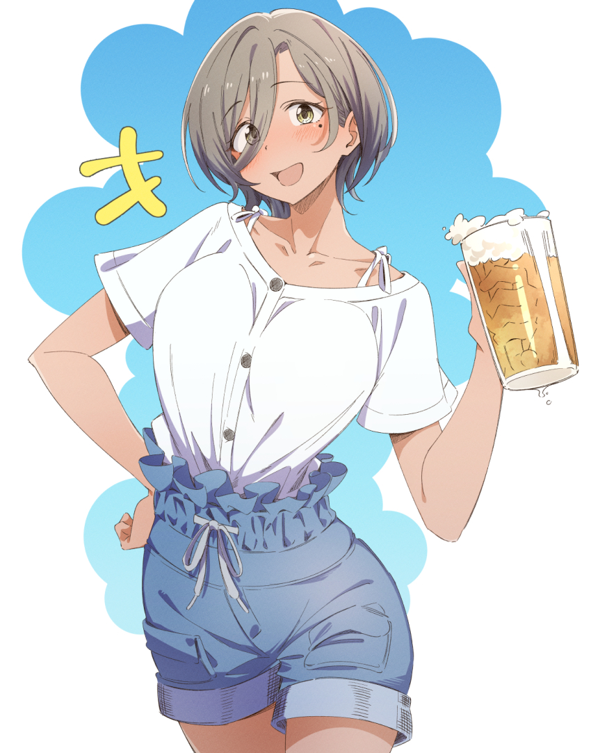 1girl alcohol beer beer_mug blue_background blue_shorts blush collarbone commentary cowboy_shot cup dark-skinned_female dark_skin drink eitopondo girls_band_cry green_eyes grey_hair hand_on_own_hip highres holding holding_drink looking_at_viewer mole mole_under_eye mug open_mouth rupa_(girls_band_cry) shirt short_hair short_sleeves shorts smile solo two-tone_background white_background white_shirt