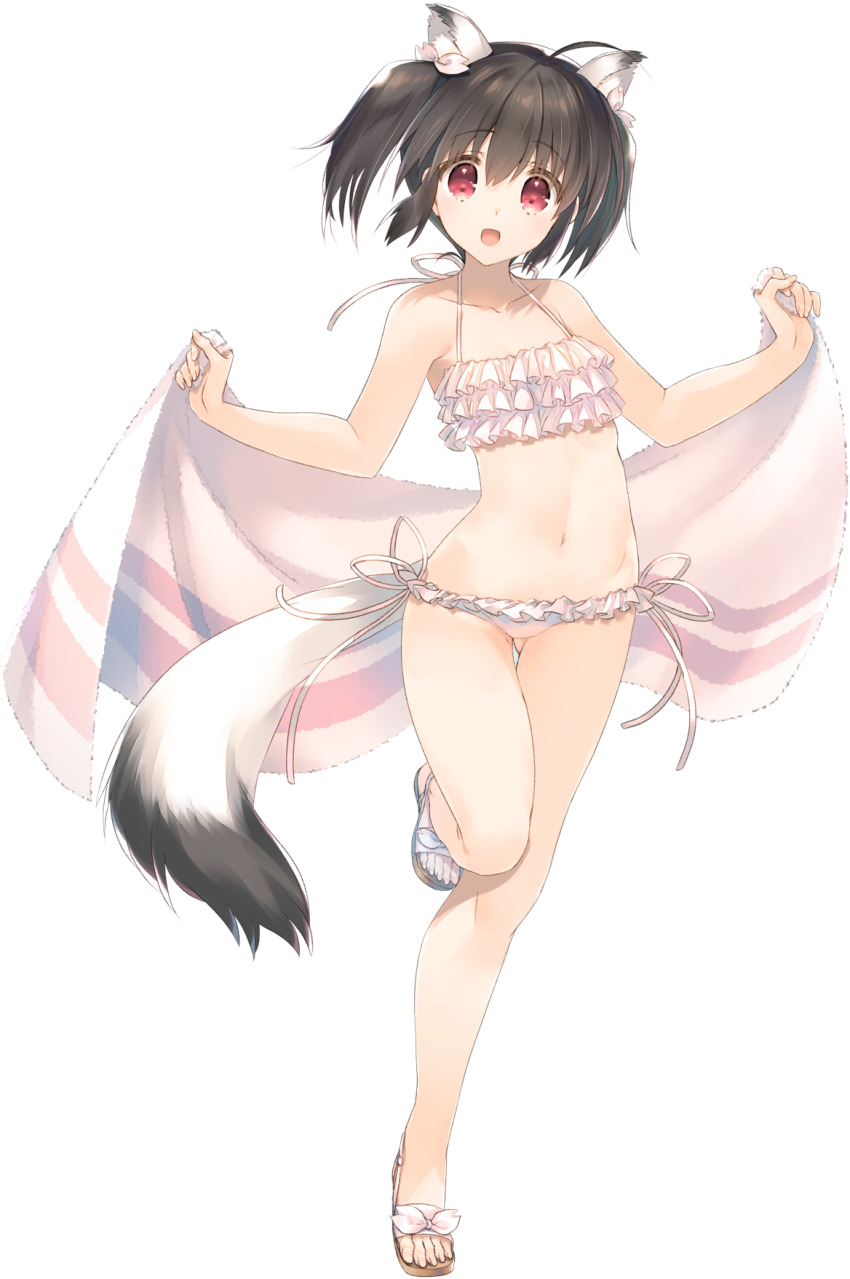 1girl animal_ears bikini brown_hair dog_ears dog_tail frilled_bikini frills full_body highres holding holding_towel looking_at_viewer navel non-web_source official_art open_mouth photoshop_(medium) red_eyes sandals short_hair side-tie_bikini_bottom simple_background solo standing standing_on_one_leg swimsuit tail to_heart_(series) to_heart_2 towel twintails white_background yuzuhara_konomi