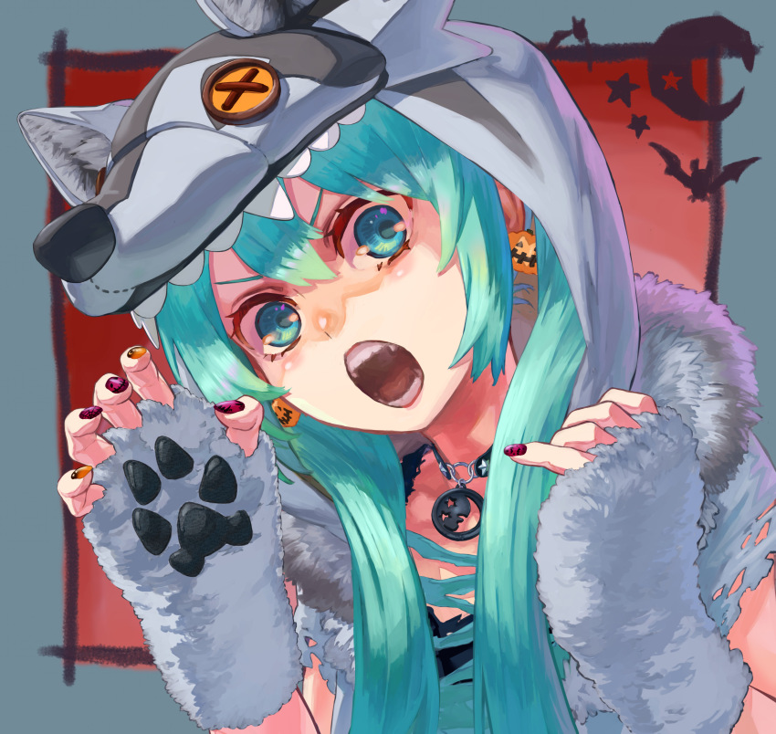 1girl animal_costume animal_hands aqua_eyes aqua_hair bat_(animal) collar crescent earrings fingerless_gloves gloves hands_up hatsune_miku highres jack-o&#039;-lantern jack-o&#039;-lantern_earrings jewelry long_hair looking_at_viewer open_mouth orange_nails paw_gloves purple_nails solo star_(symbol) twintails vocaloid wolf_costume wolf_hood yomoyama_yotabanashi