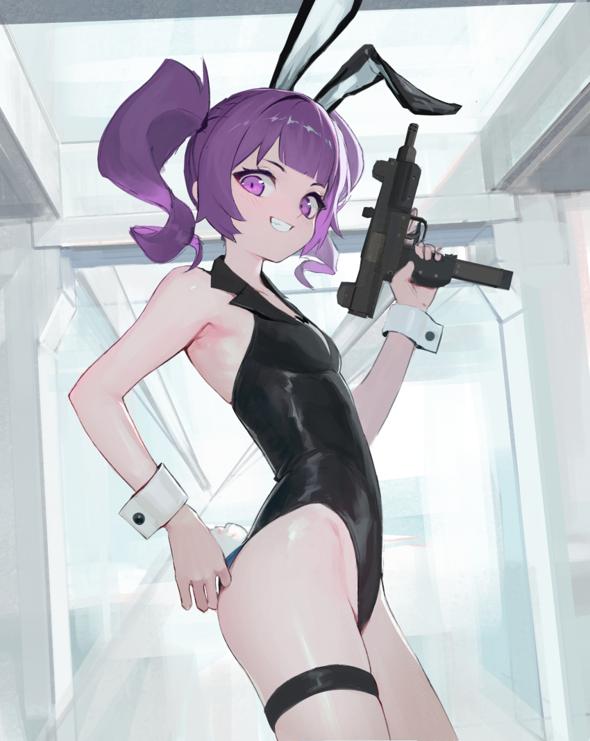 1girl absurdres animal_ears bare_shoulders black_leotard blush breasts cowboy_shot from_side grin groin gun hand_up highres holding holding_gun holding_weapon leotard looking_at_viewer looking_to_the_side medium_hair otachan purple_eyes purple_hair rabbit_ears rabbit_tail sidelocks small_breasts smile solo submachine_gun tail the_otachan_show thigh_strap twintails uzi vertigris weapon wrist_cuffs