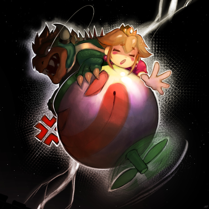 1boy 1girl :o absurdres anger_vein blonde_hair bowser bracelet closed_eyes colored_skin crown dress earrings flying gloves green_skin highres horns jewelry koopa_clown_car mario_(series) night nintendo onimiere open_mouth outdoors princess_peach red_hair sharp_teeth short_hair sidelocks smile spiked_bracelet spikes super_mario_world teeth