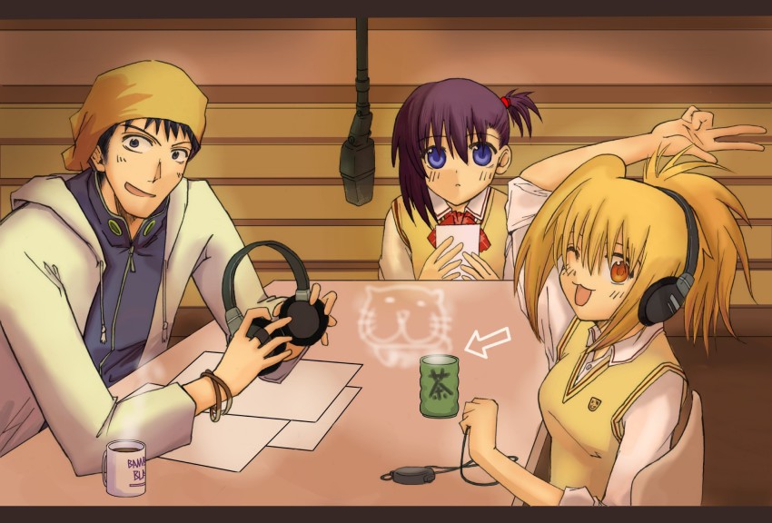 1boy 2girls :3 bamboo_blade chiba_kirino cup headphones highres ishida_toraji kawazoe_tamaki microphone mug multiple_girls one_eye_closed open_mouth sandwich_(artist) side_ponytail sleeves_rolled_up smile steam stopwatch tsuchii_(ramakifrau) watch wink