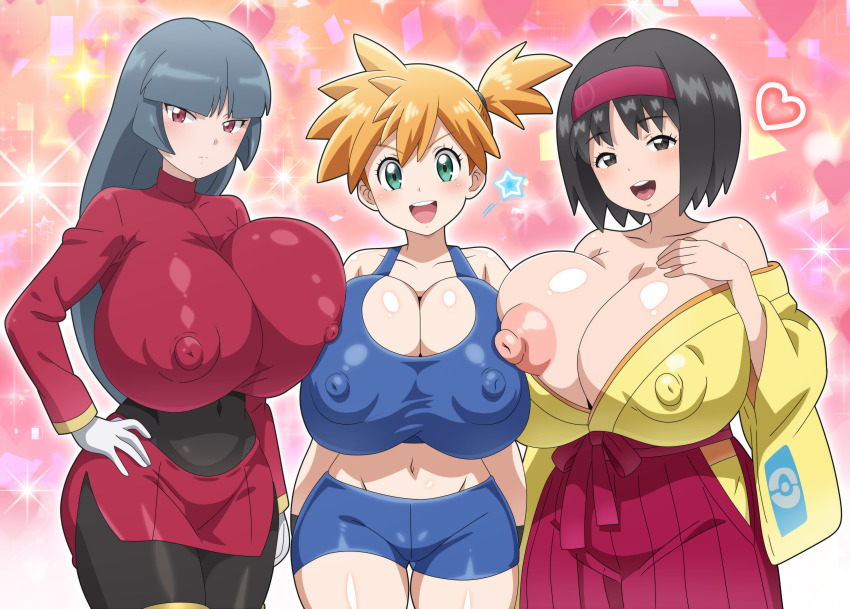 3girls :d alternate_breast_size aqua_eyes asymmetrical_hair bare_shoulders black_eyes black_hair blunt_bangs blush bodysuit breast_press breast_suppress breasts cleavage closed_mouth covered_navel cowboy_shot creatures_(company) crop_top curvy erika_(pokemon) female_focus game_freak gloves green_eyes gym_leader hairband hand_on_own_hip heart heart_background highres hitokiwa_kenchin huge_breasts japanese_clothes kimono large_breasts long_hair long_sleeves looking_at_viewer midriff misty_(pokemon) multiple_girls navel nintendo nipples open_mouth orange_hair pantyhose pokemon ponytail red_eyes red_hairband robe sabrina_(pokemon) shiny_skin shirt short_hair shorts side_ponytail skirt smile sparkle standing tank_top teeth thick_thighs thighs upper_teeth_only very_long_hair white_gloves wide_hips