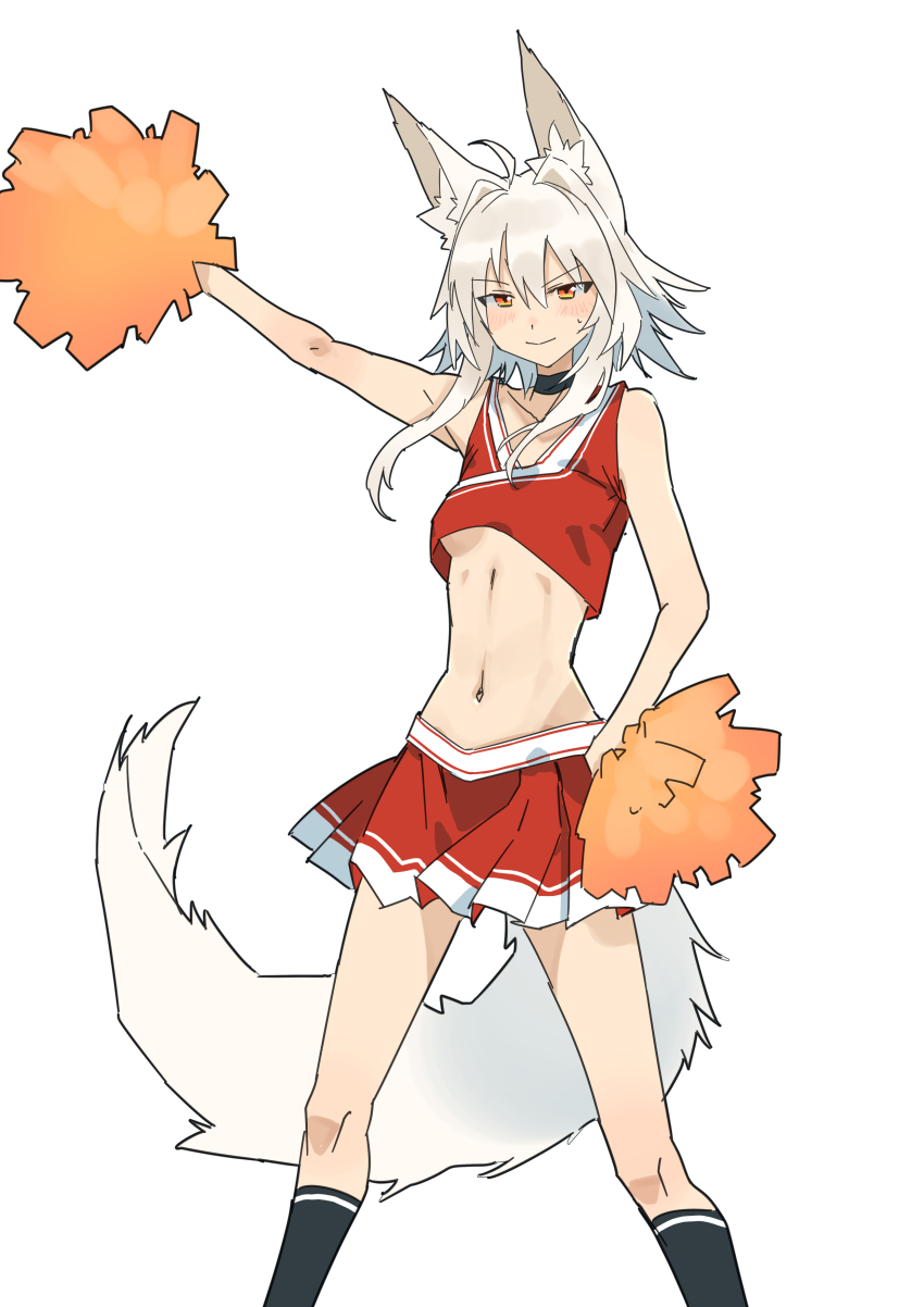 1girl absurdres ahoge alternate_costume animal_ear_fluff animal_ears black_choker black_socks blush breasts cheerleader choker closed_mouth commentary_request crop_top highres holding holding_pom_poms inubashiri_momiji kakaricho_dairi kneehighs looking_at_viewer midriff navel no_headwear pom_pom_(cheerleading) pom_poms red_shirt red_skirt shirt skirt sleeveless sleeveless_shirt smile socks solo sweatdrop tail touhou underboob wolf_ears wolf_girl wolf_tail