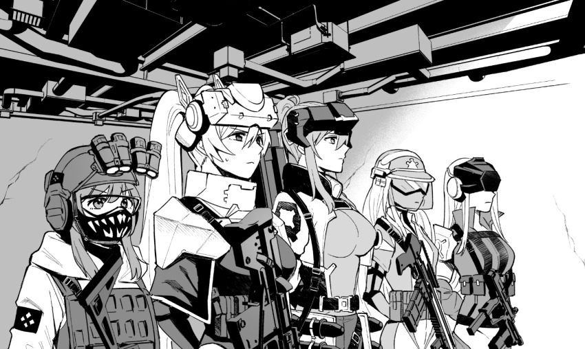 5girls ame_arare assault_rifle bulletproof_vest goddess_of_victory:_nikke goggles goggles_on_head gun hat headphones helmet idoll_flower_(nikke) idoll_ocean_(nikke) idoll_sun_(nikke) mask military_operator minebea_pm-9 mouth_mask multiple_girls rifle shotgun sig_mcx sig_sauer soldier_eg_(nikke) soldier_fa_(nikke) submachine_gun tactical_clothes weapon