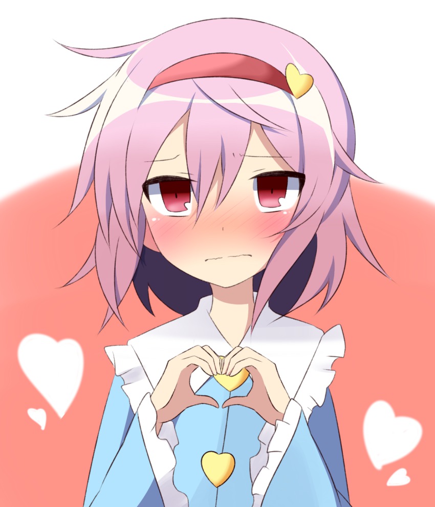 1girl blush embarrassed female_focus hairband heart heart_hands highres komeiji_satori pink_eyes pink_hair solo touhou twumi wavy_mouth