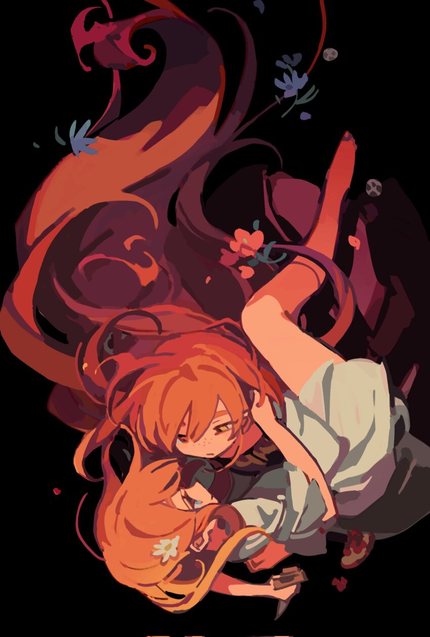 baowei_meigui bare_legs black_background character_request closed_mouth dress falling floating_hair flower gender_request hair_flower hair_ornament highres long_hair orange_eyes orange_hair purple_flower short_sleeves simple_background soko very_long_hair white_dress white_flower