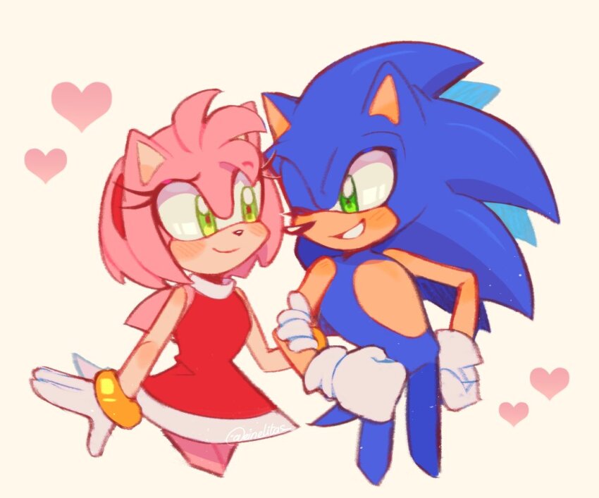 1boy 1girl amy_rose animal_ears blue_fur bracelet dress einelitas furry furry_female furry_male gloves gold_bracelet green_eyes hairband heart jewelry locked_arms looking_at_viewer one_eye_closed pink_fur red_dress red_hairband simple_background sleeveless sleeveless_dress sonic_(series) sonic_the_hedgehog white_background white_gloves