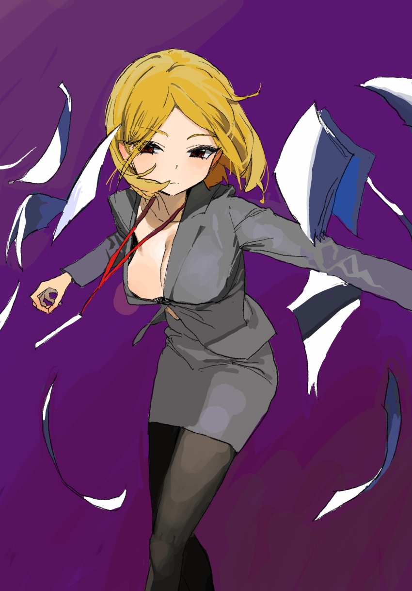 1girl black_pantyhose blonde_hair breasts brown_eyes closed_mouth grey_jacket grey_skirt highres id_card jacket lanyard looking_at_viewer medium_breasts medium_hair original pantyhose paper pencil_skirt purple_background sekoshi_(some1else45) skirt solo some1else45 suit_jacket