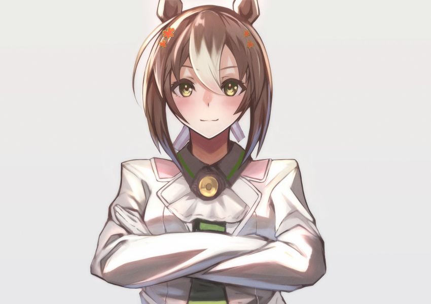 1girl animal_ears ascot brown_hair crossed_arms fine_motion_(umamusume) hair_between_eyes highres horse_ears horse_girl long_sleeves looking_at_viewer multicolored_hair reon_(dainagon_azuki) shirt short_hair solo streaked_hair umamusume white_ascot white_shirt yellow_eyes