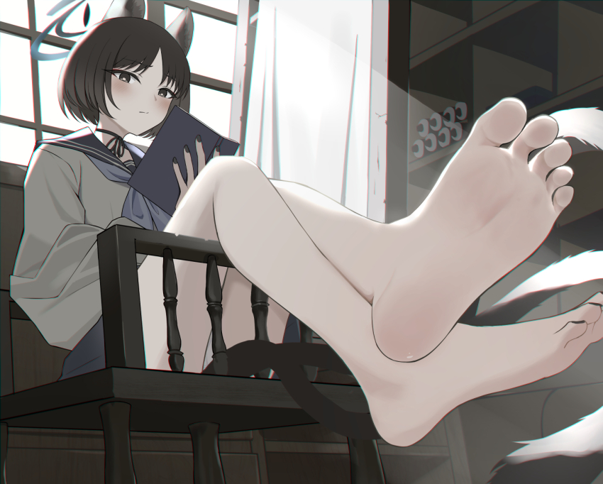 1girl animal_ears bare_legs barefoot black_hair black_nails blue_archive blush book cat_ears crossed_legs feet female_focus foot_focus holding holding_book kikyou_(blue_archive) looking_at_viewer multiple_tails ray_726 short_hair sitting soles solo tail toes two_tails