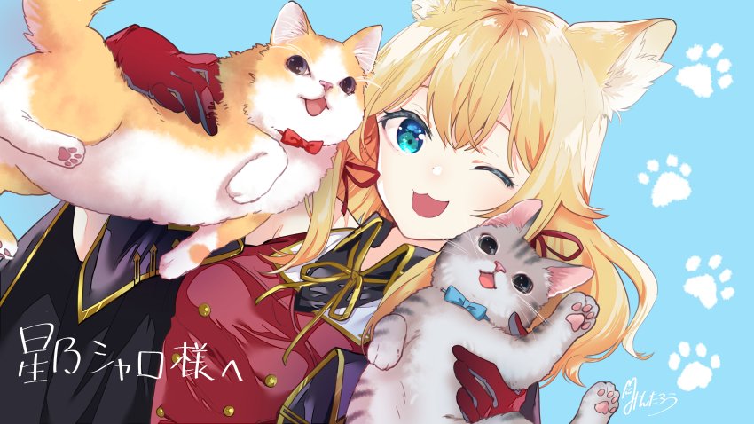 1girl :3 absurdres animal animal_ear_fluff animal_ears black_cape blue_background blue_bow blue_eyes bow breasts cape cat cat_ears character_name commission grey_eyes highres holding holding_animal holding_cat hoshino_char jacket kemonomimi_mode one_eye_closed paw_print red_bow red_jacket signature skeb_commission small_breasts smile solo todo-akira tsunderia upper_body virtual_youtuber