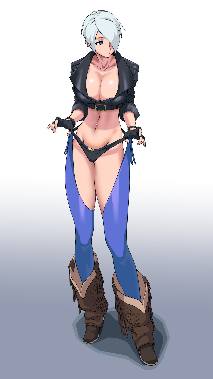 1girl absurdres angel_(kof) backless_pants blue_eyes boots bra breasts chaps cleavage cowboy_boots crop_top cropped_jacket fingerless_gloves gloves hair_over_one_eye half-pencil highres jacket large_breasts leather leather_jacket long_bangs midriff navel panties pants short_hair snk solo stomach strapless strapless_bra the_king_of_fighters the_king_of_fighters_xiv toned toned_female underwear white_hair