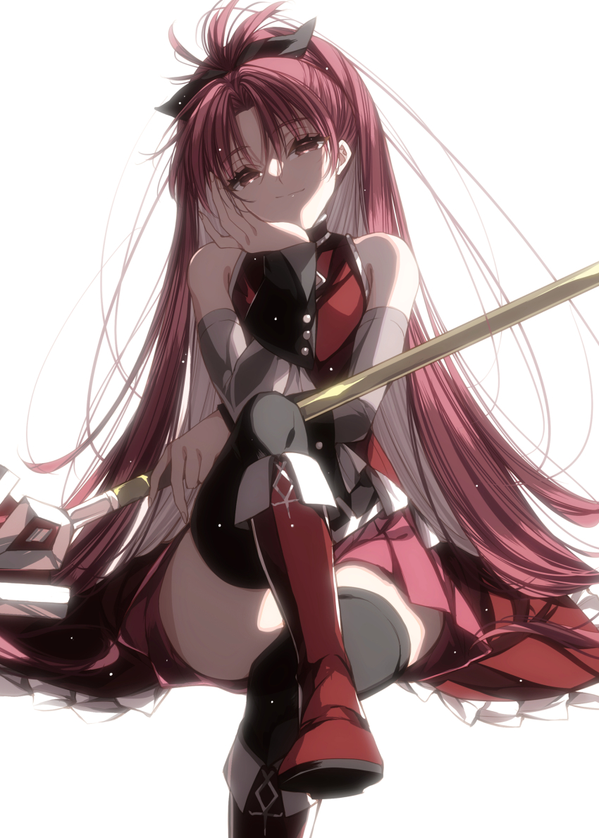 1girl absurdres bare_shoulders crossed_legs hand_on_own_cheek hand_on_own_face highres magical_girl mahou_shoujo_madoka_magica mahou_shoujo_madoka_magica_(anime) misteor polearm ponytail red_eyes red_hair revision sakura_kyoko sakura_kyoko_(magical_girl) skirt smile solo spear thighhighs weapon white_background zettai_ryouiki