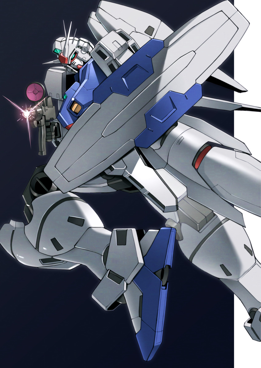 absurdres aiming beam_rifle black_background commentary energy_gun foot_out_of_frame from_side green_eyes gun gundam gundam_0083 gundam_gp-03_stamen highres holding holding_gun holding_weapon mecha mecha_focus mobile_suit no_humans robot science_fiction shield solo takahashi_masaki two-tone_background v-fin weapon white_background