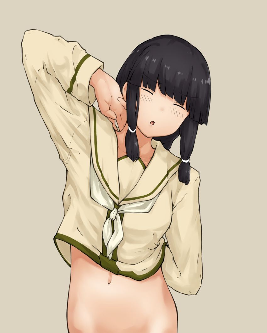 1girl arm_behind_back black_hair blunt_bangs braid chagamaka closed_eyes facing_viewer hair_over_shoulder hair_ribbon highres kantai_collection kitakami_(kancolle) kitakami_kai_ni_(kancolle) leaning_to_the_side long_hair midriff navel neckerchief ribbon sailor_collar school_uniform serafuku shirt sidelocks solo tress_ribbon white_neckerchief yellow_sailor_collar yellow_serafuku yellow_shirt