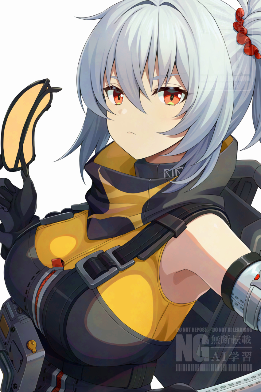 1girl asamura_hiori black_gloves breasts gloves goggles grey_hair grey_sleeves hand_on_own_hip highres holding holding_goggles large_breasts red_eyes sidelocks simple_background sleeveless sleeveless_jacket soldier_11_(zenless_zone_zero) solo tinted_eyewear upper_body white_background yellow-tinted_eyewear zenless_zone_zero