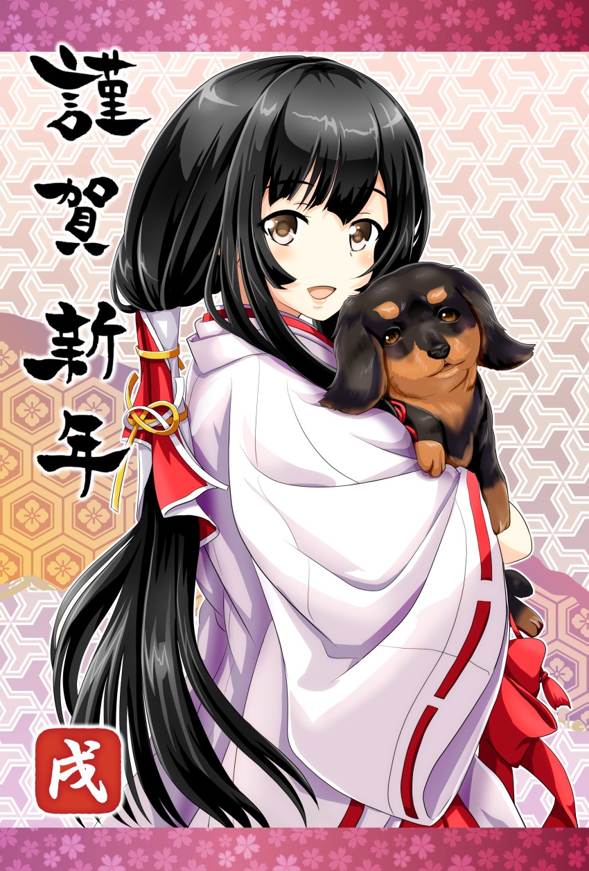 1girl :d absurdres animal black_hair blush bow brown_eyes dachshund dog female_focus hair_tubes highres japanese_clothes kimono long_hair long_sleeves looking_at_viewer low_ponytail nengajou new_year open_mouth original patterned_background red_bow smile solo straight_hair tareme tk8d32 translated upper_body very_long_hair white_kimono wide_sleeves