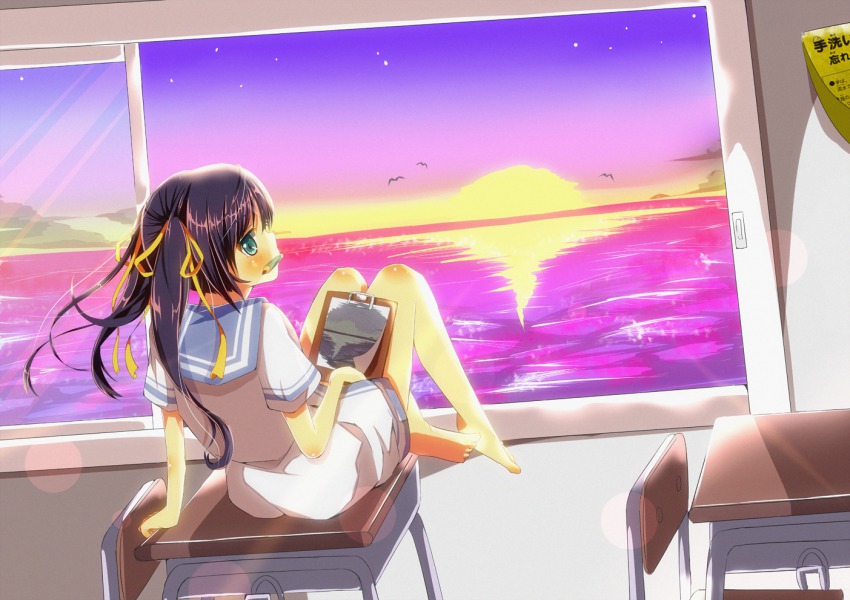 1girl arm_support bare_legs barefoot black_hair bow desk drawing drawing_(object) female_focus green_eyes hair_bow hair_ornament hair_ribbon indoors legs looking_at_viewer mouth_hold oekaki_musume original pencil ribbon school_desk school_uniform serafuku sitting solo sunset twintails wind yuimari