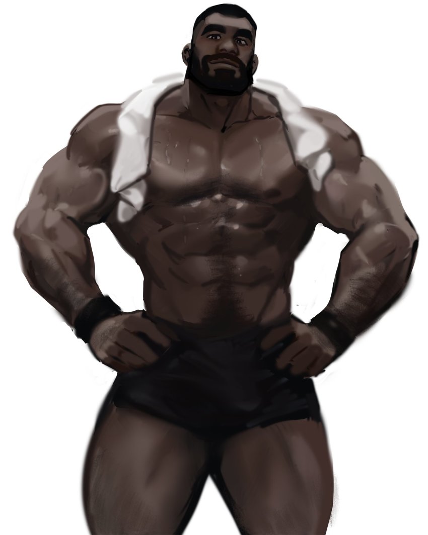 1boy abs bara beard biceps black_hair boxers dark-skinned_male dark_skin dopey_(dopq) facial_hair feet_out_of_frame hairy hand_on_own_hip highres large_pectorals looking_at_viewer male_focus male_underwear manly mature_male muscular muscular_arms muscular_legs muscular_male nipples original pectorals short_hair simple_background smile solo sweat sweatdrop thick_eyebrows thighs towel towel_around_neck underwear white_background wristband