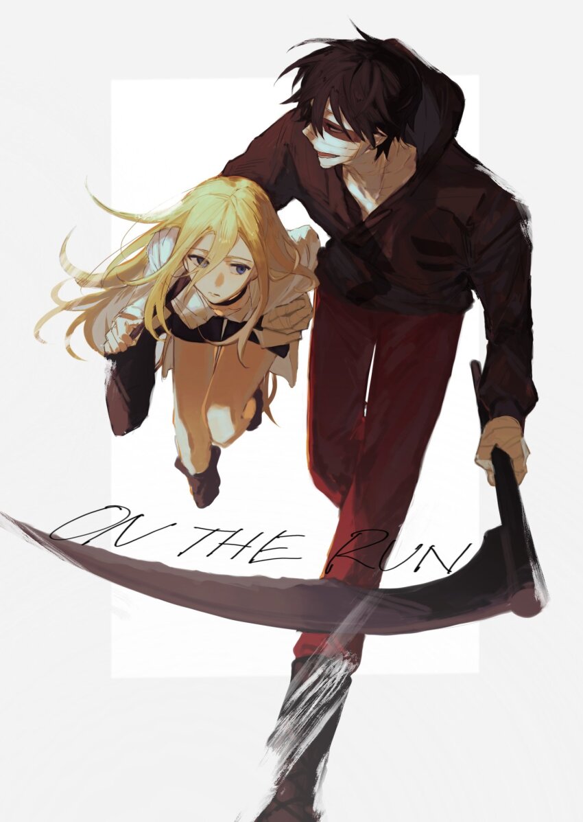 1boy 1girl bandaged_chest bandaged_head bandaged_neck bandages black_footwear black_hair black_shorts blonde_hair boots brown_jacket carrying carrying_person full_body highres holding holding_scythe isaac_foster jacket long_hair no_aid rachel_gardner satsuriku_no_tenshi scythe shorts simple_background very_long_hair white_background