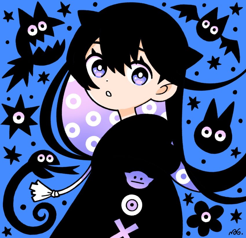 1girl animal_ears bat_(animal) black_flower black_hoodie black_jacket blue_background cat cat_ears circle_print colored_inner_hair drawstring flower forked_tongue garouma gradient_hair highres hood hoodie jacket long_hair looking_at_viewer multicolored_hair open_mouth original patterned_hair print_sleeves purple_eyes purple_hair snake solo star_(symbol) tongue very_big_eyes