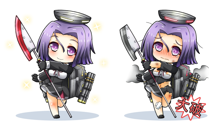 10s bad_id bad_pixiv_id bandaid bandaid_on_knee bandaid_on_leg chibi frown glaive_(polearm) greenteaneko hair_between_eyes halo highres kantai_collection m/ mechanical_halo personification polearm purple_eyes purple_hair short_hair smoke sparkle tatsuta_(kancolle) torn_clothes weapon