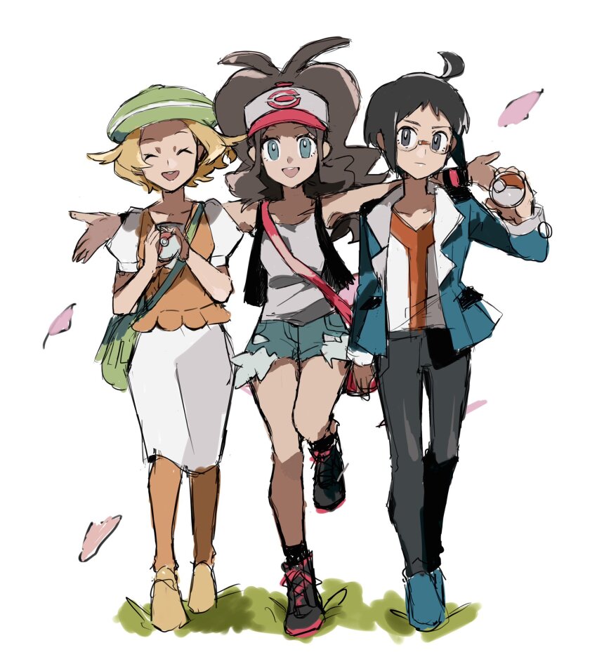 1boy 2girls :d ^_^ antenna_hair bag baseball_cap beret bianca_(pokemon) black_eyes black_footwear black_hair black_pants black_vest blonde_hair blue_eyes blue_footwear blue_jacket blue_shorts brown_hair cheren_(pokemon) closed_eyes creatures_(company) cutoffs game_freak glasses green_bag green_hat handbag hat highres hilda_(pokemon) holding holding_poke_ball jacket leg_up long_hair medium_skirt multiple_girls nintendo open_clothes open_jacket open_mouth open_vest orange_pantyhose orange_vest outstretched_arms pants pantyhose petals pink_bag poke_ball poke_ball_(basic) pokemon pokemon_bw ponytail puffy_short_sleeves puffy_sleeves shichibee_(stm_mimi) short_hair short_sleeves shorts simple_background skirt smile spread_arms teeth upper_teeth_only vest white_background yellow_footwear