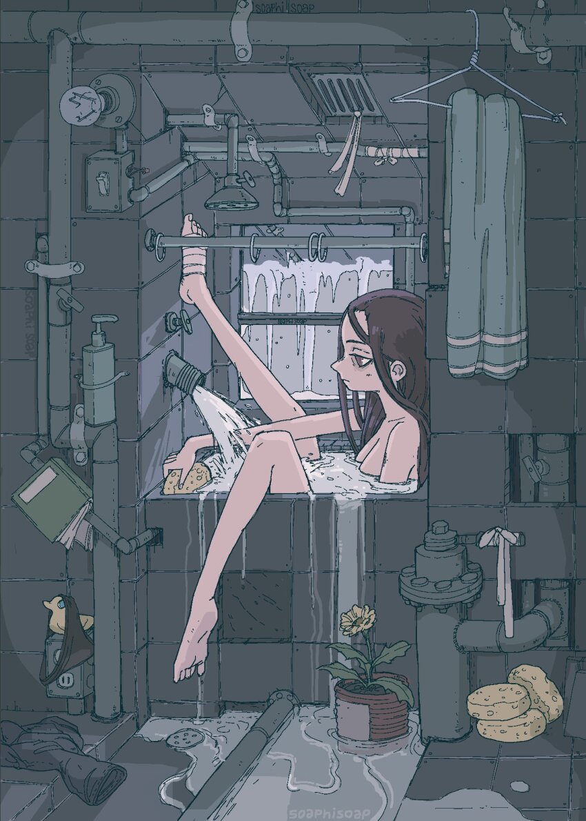 1girl artist_name bandaged_foot bandages bath bathing bathroom bathtub black_panties book breasts brown_eyes brown_hair cable closed_mouth clothes_hanger commentary dandelion drain_(object) electric_plug english_commentary feet flower grate grey_theme highres holding holding_sponge ice icicle indoors industrial_pipe leg_up light_bulb light_switch long_hair nude original overflowing overflowing_bath panties pants partially_submerged plant potted_plant rubber_duck shower_head snow soap_bottle soaphisoap soles solo sponge tiles towel underwear unworn_panties unworn_pants valve vent_(object) water window