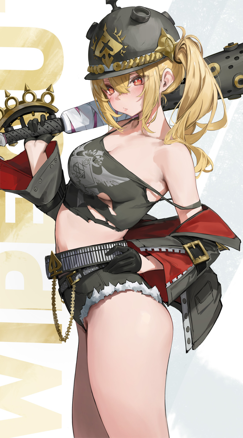 1girl absurdres baseball_bat belt black_gloves black_helmet black_jacket black_shorts blonde_hair breasts cleavage closed_mouth combat_helmet commentary crop_top cutoffs denim denim_shorts gloves hair_between_eyes half_gloves hand_on_own_hip helmet highres holding holding_baseball_bat jacket leviathan_(hikinito0902) long_hair looking_ahead luciana_de_montefio medium_breasts metal_baseball_bat micro_shorts midriff off_shoulder over_shoulder pickelhaube red_eyes shirt shorts side_ponytail simple_background solo strap_slip torn_clothes torn_shirt two-sided_fabric two-sided_jacket weapon weapon_over_shoulder zenless_zone_zero