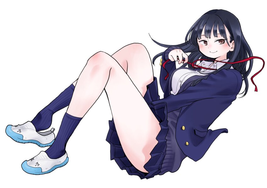 1girl between_legs blazer blue_hair blue_jacket blue_skirt blue_socks blush boku_no_kokoro_no_yabai_yatsu breasts brown_eyes cardigan closed_mouth collared_shirt dark_blue_hair full_body hand_between_legs highres jacket large_breasts legs long_hair long_sleeves looking_at_viewer miniskirt mole mole_on_neck neck_ribbon official_art pleated_skirt purple_cardigan red_ribbon ribbon sakurai_norio school_uniform shirt shoes simple_background skirt socks solo thick_thighs thighs untying uwabaki white_background white_footwear white_shirt yamada_anna