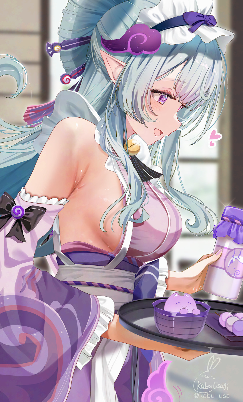 1girl absurdres armpit_crease bell black_bow blue_hair blush bow breasts commentary_request dango dango_milk_(genshin_impact) detached_sleeves food frilled_hairband frilled_sleeves frills from_side genshin_impact hairband heart highres holding holding_tray japanese_clothes kabu_usagi kimono large_breasts long_hair neck_bell nihongami open_mouth pink_kimono pointy_ears purple_eyes sideboob signature sleeve_bow sleeveless sleeveless_kimono smile solo tray twitter_username wagashi yumemizuki_mizuki