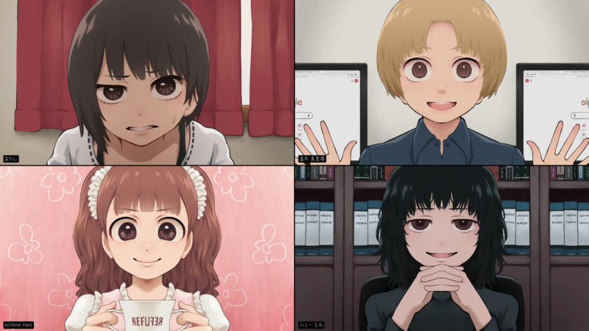 4girls :d black_hair blonde_hair brown_eyes brown_hair commentary cup long_hair mirror_image multiple_girls open_mouth original own_hands_together short_hair smile sweatdrop symmetry teacup video_call yajirushi_(chanoma)