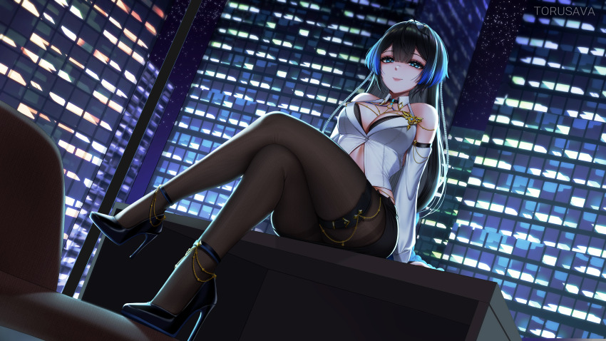 1girl absurdres black_bra black_hair black_pantyhose blue_eyes blue_hair bra breasts cityscape crossed_legs desk detached_sleeves dutch_angle gradient_hair high_heels highres katya_klein katya_klein_-_blue_bolt_(private_secretary) large_breasts long_hair looking_at_viewer low-tied_long_hair multicolored_hair pantyhose pumps shoes sitting snowbreak:_containment_zone solo stiletto_heels torusava underwear window