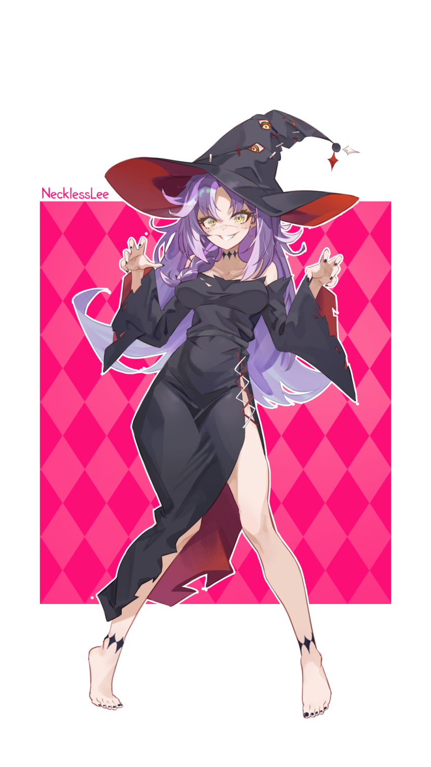 1girl barefoot black_dress black_hat black_nails dress grey_hair hat highres long_hair looking_at_viewer michi_mochievee multicolored_hair nail_polish necklesslee official_alternate_costume official_art purple_hair smile solo streaked_hair toenail_polish toenails virtual_youtuber vshojo witch witch_hat yellow_eyes