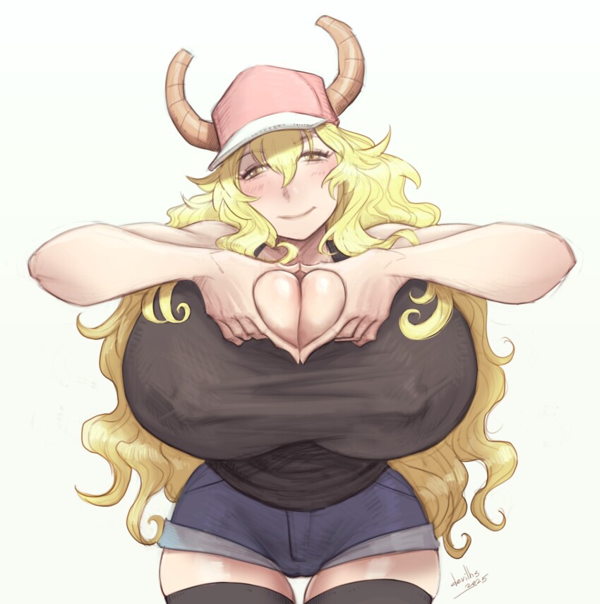 1girl baseball_cap blonde_hair blush breasts cleavage covered_erect_nipples denim denim_shorts devilhs gigantic_breasts hat heart heart_hands highres horns kobayashi-san_chi_no_maidragon long_hair lucoa_(maidragon) narrow_waist shorts signature smile thighhighs yellow_eyes zettai_ryouiki