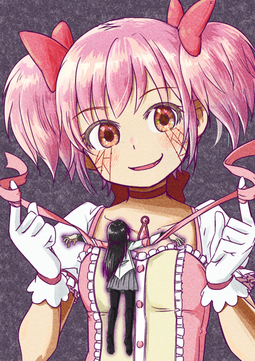 2girls akemi_homura akemi_homura_(magical_girl) black_hair black_pantyhose blood blouse choker collarbone commentary crying fang film_grain frilled_sleeves frills full_body gloves hair_between_eyes hair_ribbon highres holding holding_ribbon jewelry kaname_madoka kaname_madoka_(magical_girl) long_hair magical_girl mahou_shoujo_madoka_magica mahou_shoujo_madoka_magica_(anime) mahou_shoujo_madoka_magica_movie_1_&amp;_2 mini_person minigirl multiple_girls noise open_mouth outstretched_arms pantyhose personality_switch pink_eyes pink_hair pink_ribbon puffy_short_sleeves puffy_sleeves red_choker red_ribbon restrained ribbon shirt short_hair short_sleeves short_twintails smirk soul_gem spread_arms static tareme twintails upper_body user_huap8437 white_gloves white_shirt