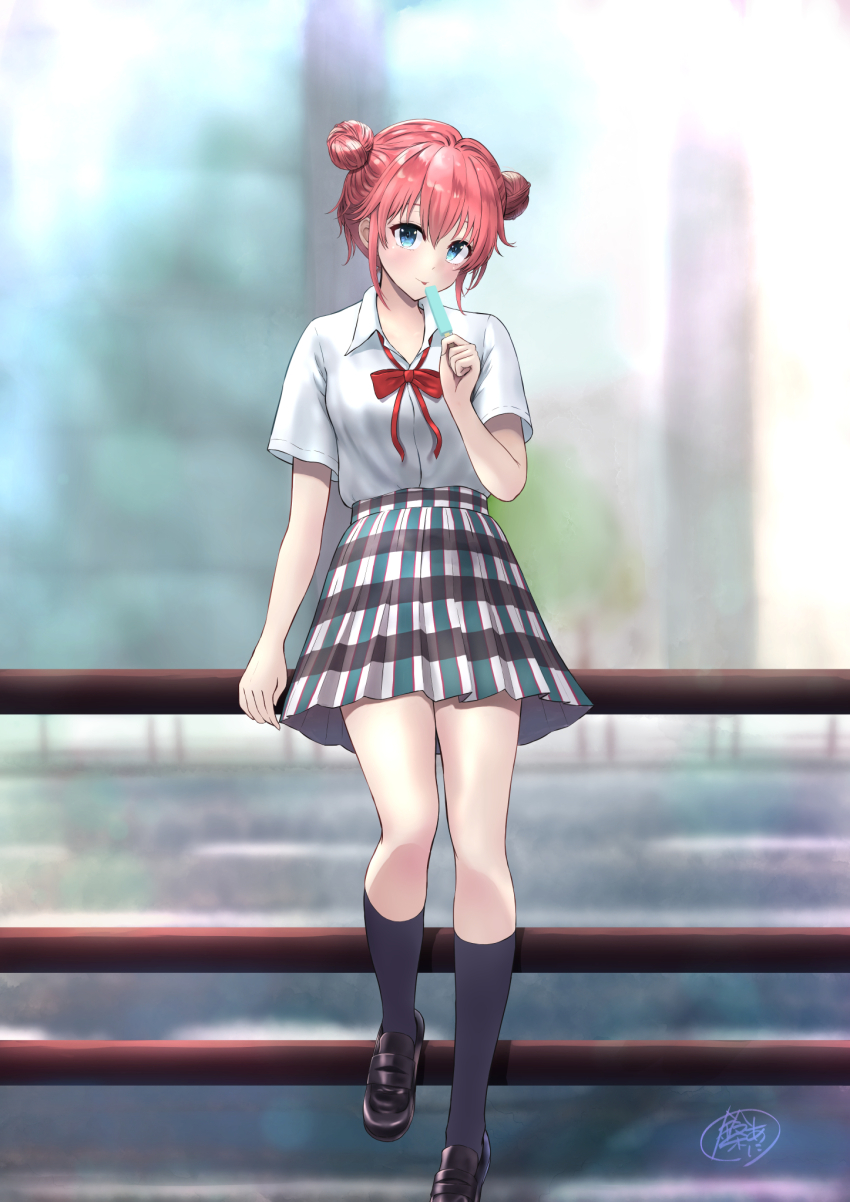 1girl against_railing alternate_hairstyle black_footwear black_socks blue_eyes blurry blurry_background blush collared_shirt double_bun food full_body hair_bun highres holding holding_food holding_popsicle kashiiyou kneehighs loafers looking_at_viewer neck_ribbon outdoors pink_hair plaid_clothes plaid_skirt pleated_skirt popsicle railing red_ribbon ribbon school_uniform shirt shirt_tucked_in shoes short_hair signature sitting skirt sobu_high_school_uniform socks solo tongue tongue_out white_shirt yahari_ore_no_seishun_lovecome_wa_machigatteiru. yuigahama_yui