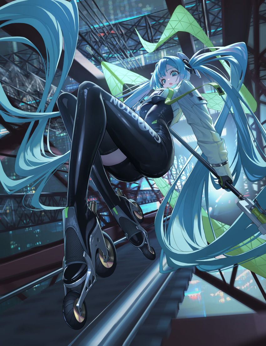 1girl absurdly_long_hair absurdres ass asymmetrical_bodysuit asymmetrical_clothes asymmetrical_footwear black_bodysuit black_gloves blue_eyes blue_hair bodysuit boots breasts cropped_jacket expressionless flag gloves goodsmile_racing green_flag green_gloves hair_ornament hatsune_miku high_heels highres holding holding_flag jacket legs_up long_hair looking_at_viewer medium_breasts midair parted_lips plantar_flexion racing_miku racing_miku_(2022) roller_skates single_leg_bodysuit single_thigh_boot skates solo thigh_boots twintails two-tone_gloves very_long_hair vocaloid white_jacket xzu